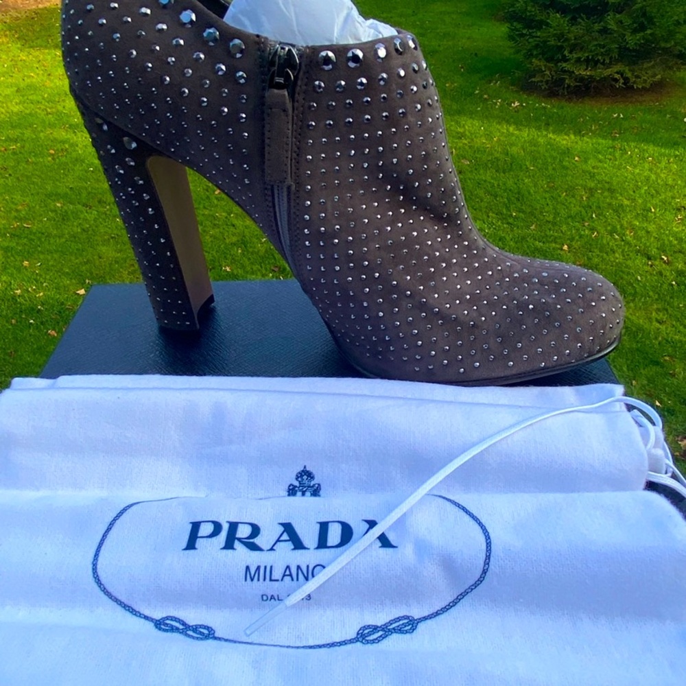 New in Box Genuine Prada Studded Taupe Suede Shoe/Booties Women’s 10M